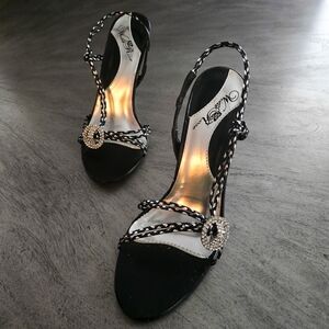 90s rhinestone slingback heels, black and silver